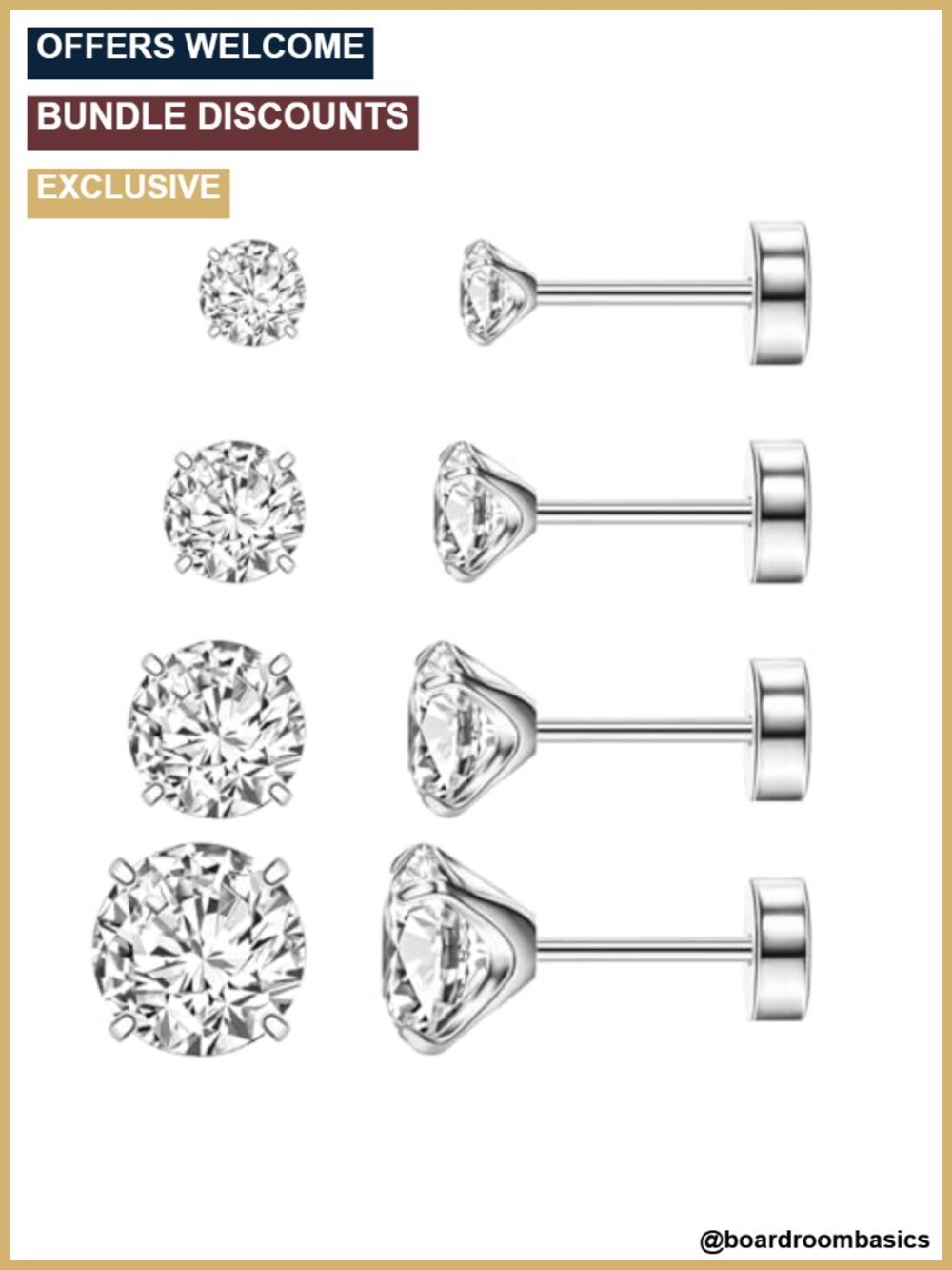 ASTM F136 Titanium Flat Back Stud Earrings 20G Hypoallergenic 4 Pair Set